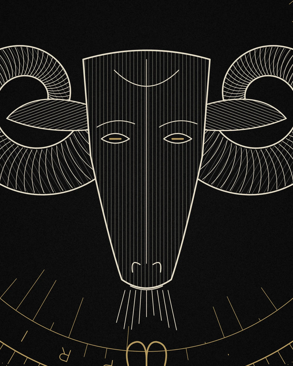 Close-up detail of the Oztra Aries linework showing bone engraving inside a muted-gold seal