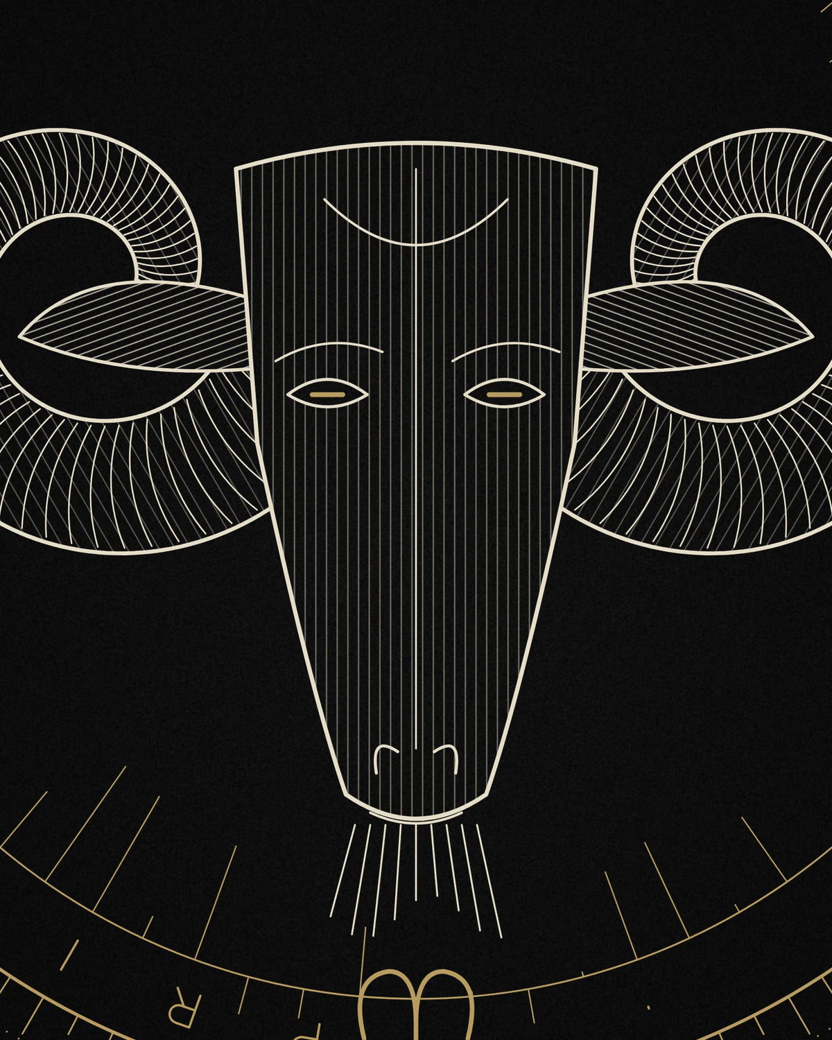 Close-up detail of the Oztra Aries linework showing bone engraving inside a muted-gold seal