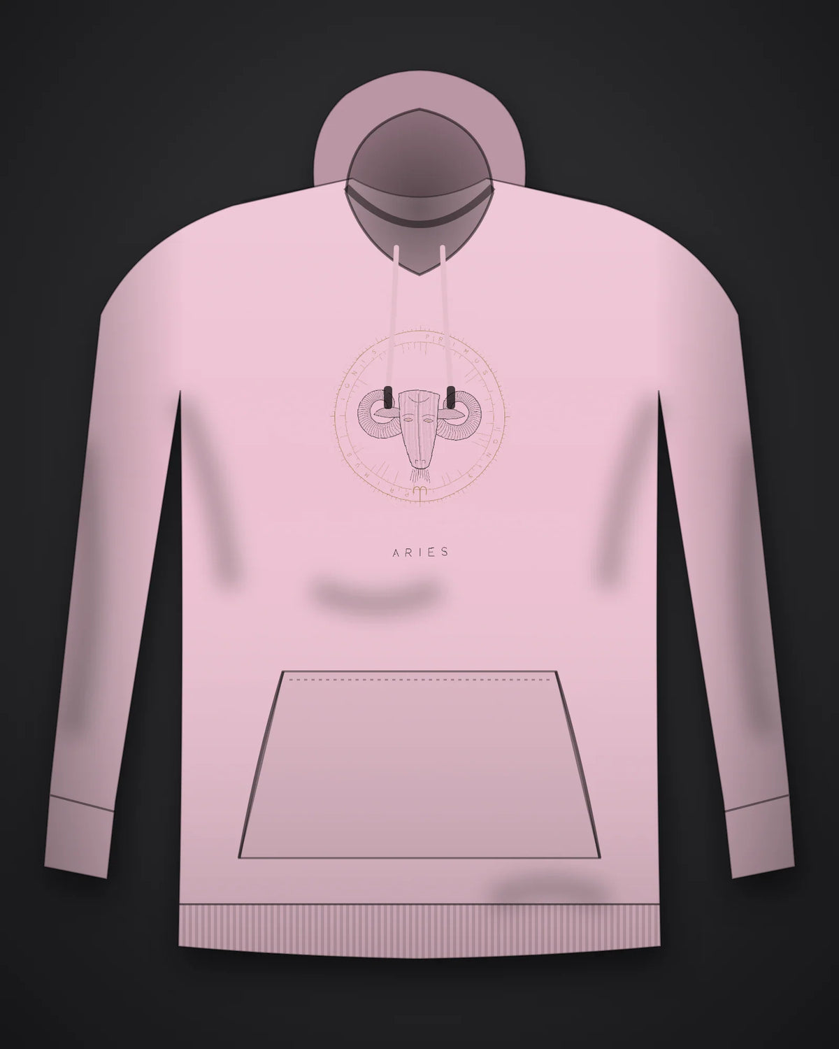 Oztra Aries baby pink hoodie, front view showing the Aries print