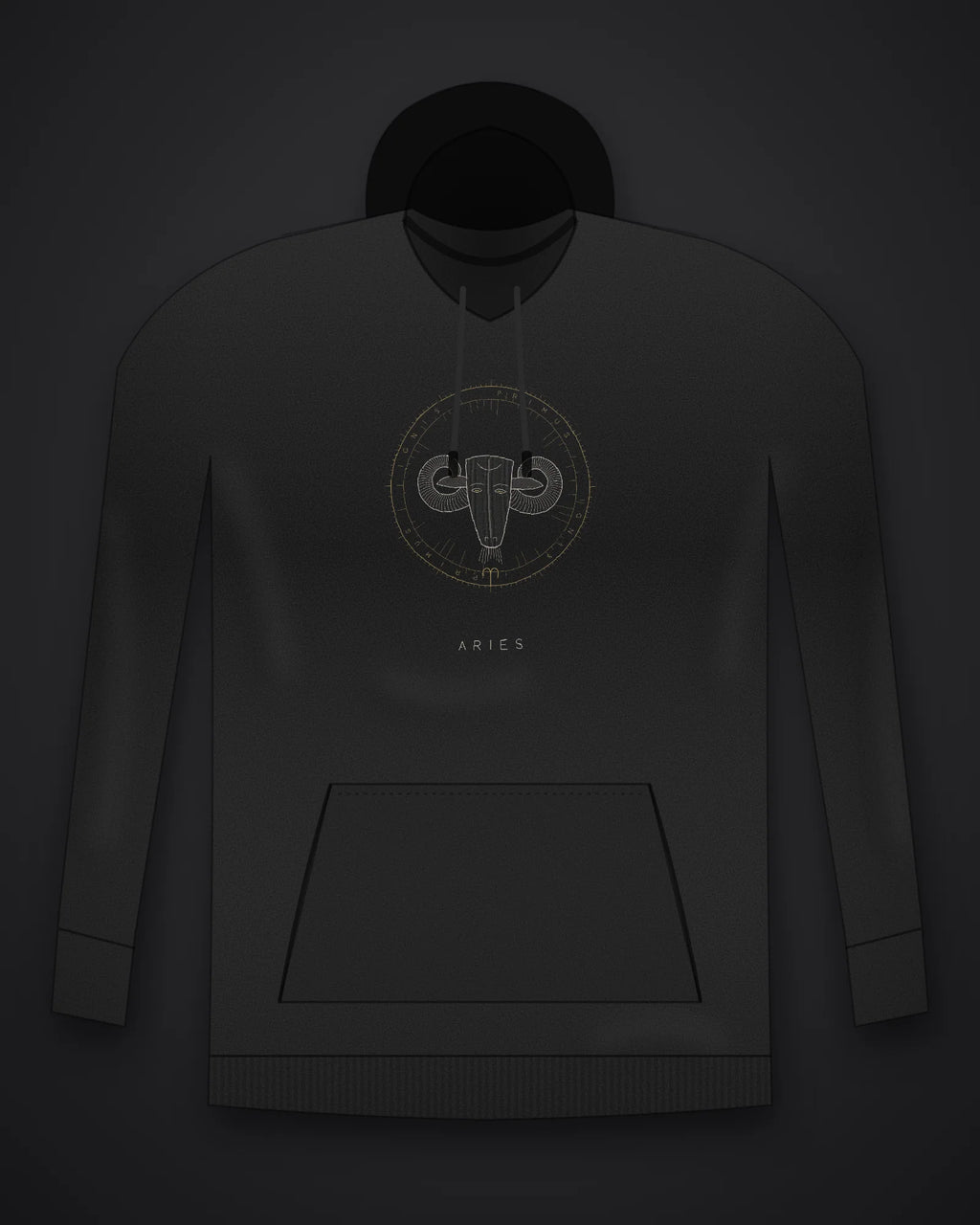 Oztra Aries black hoodie, front view showing the Aries print