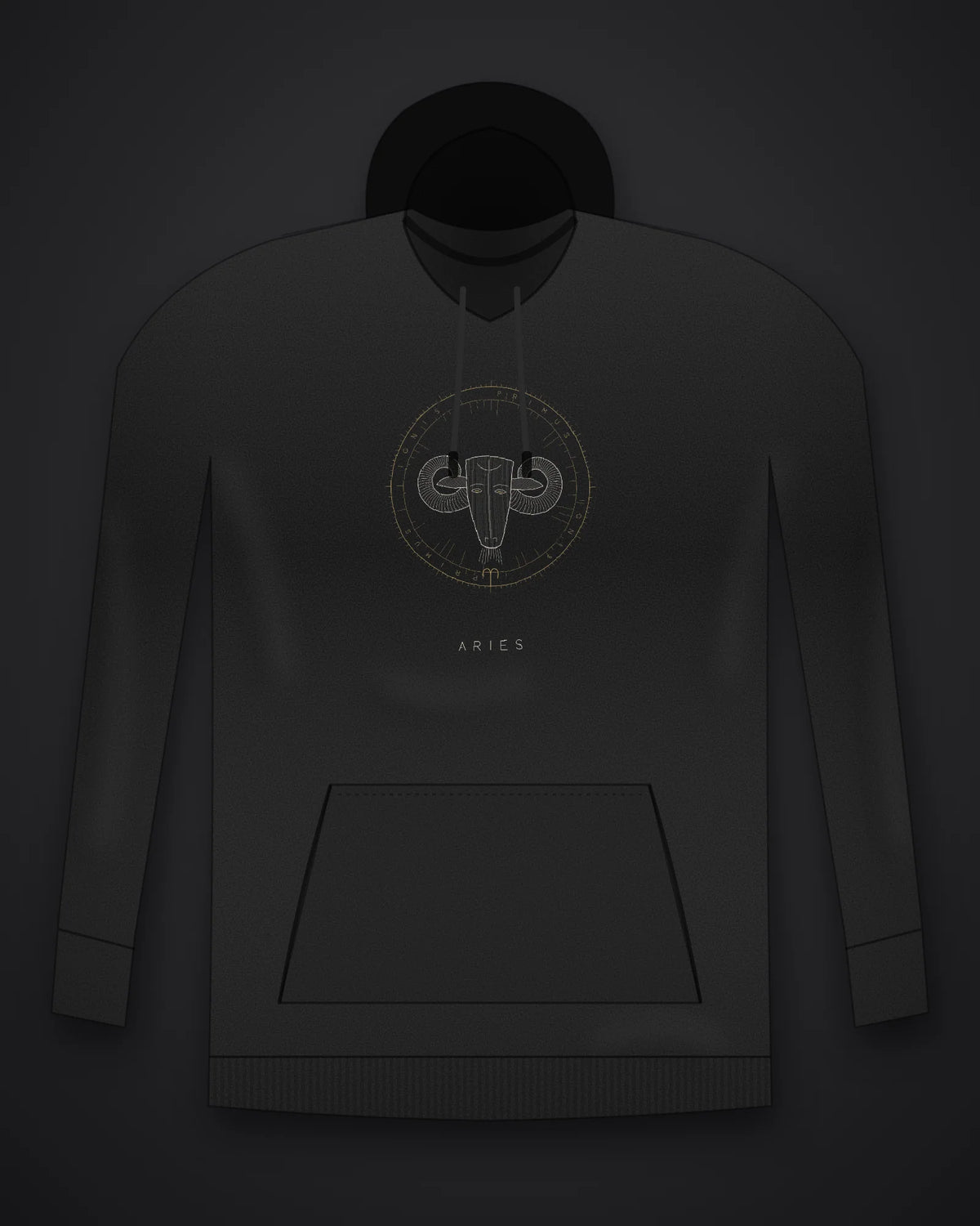 Oztra Aries black hoodie, front view showing the Aries print