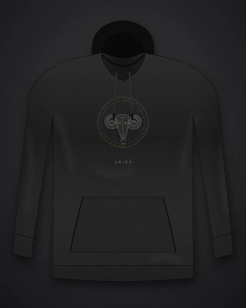 Oztra Aries black hoodie, front view showing the Aries print