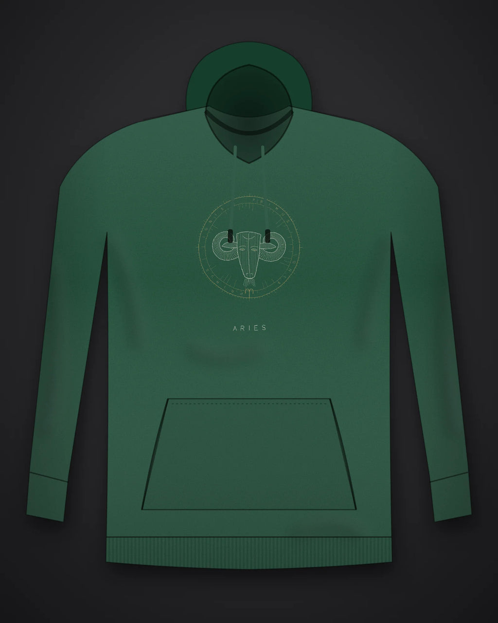 Oztra Aries bottle green hoodie, front view showing the Aries print