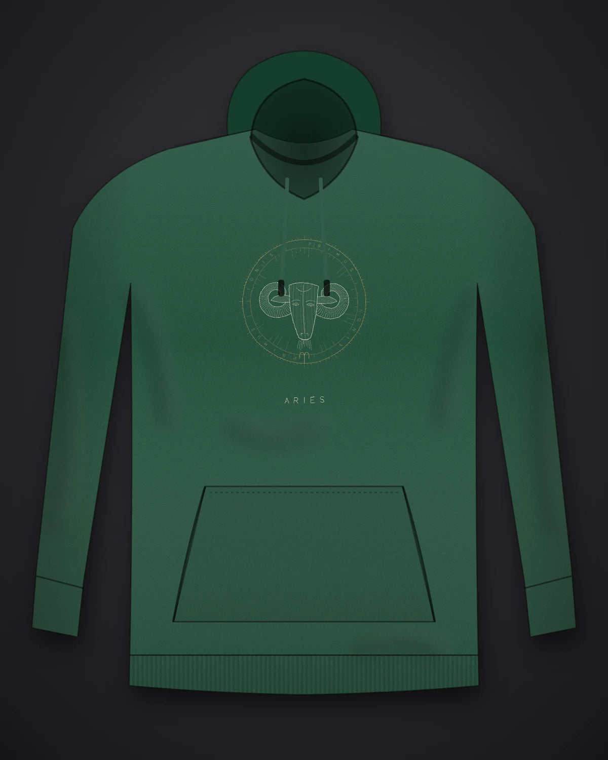 Oztra Aries bottle green hoodie, front view showing the Aries print