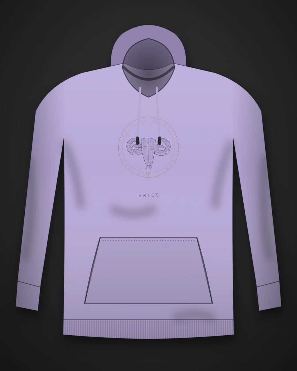 Oztra Aries lavender hoodie, front view showing the Aries print
