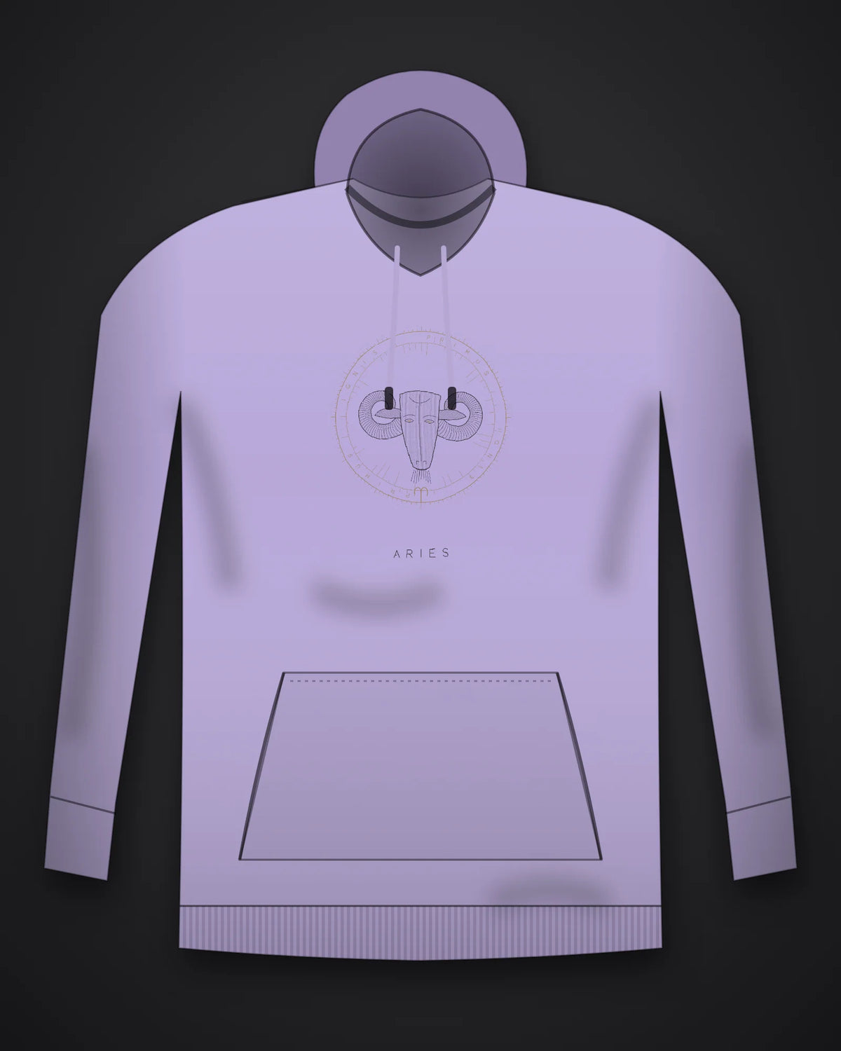 Oztra Aries lavender hoodie, front view showing the Aries print