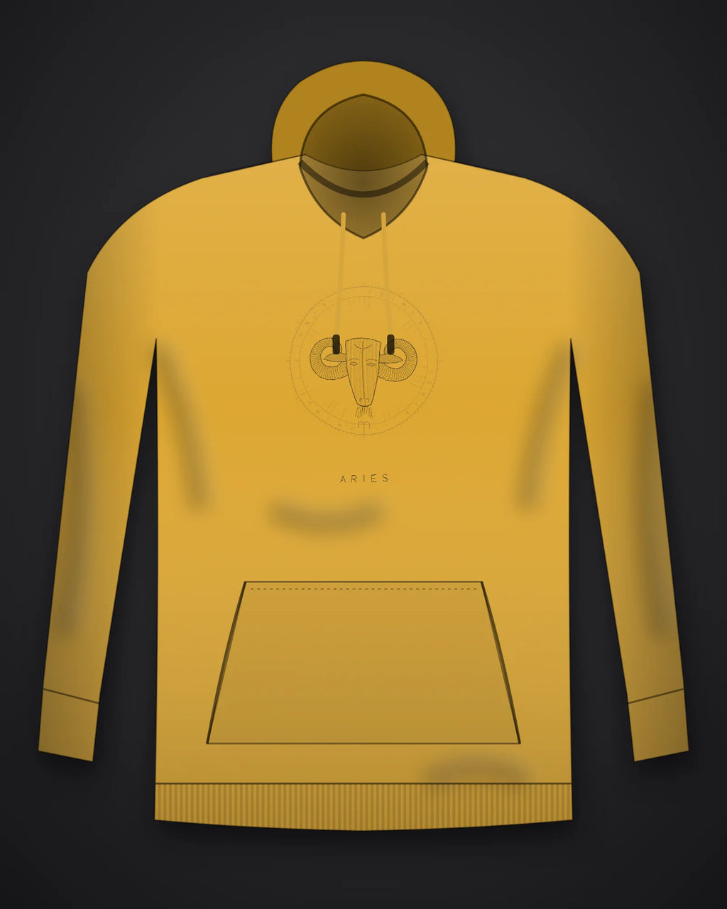 Oztra Aries mustard hoodie, front view showing the Aries print