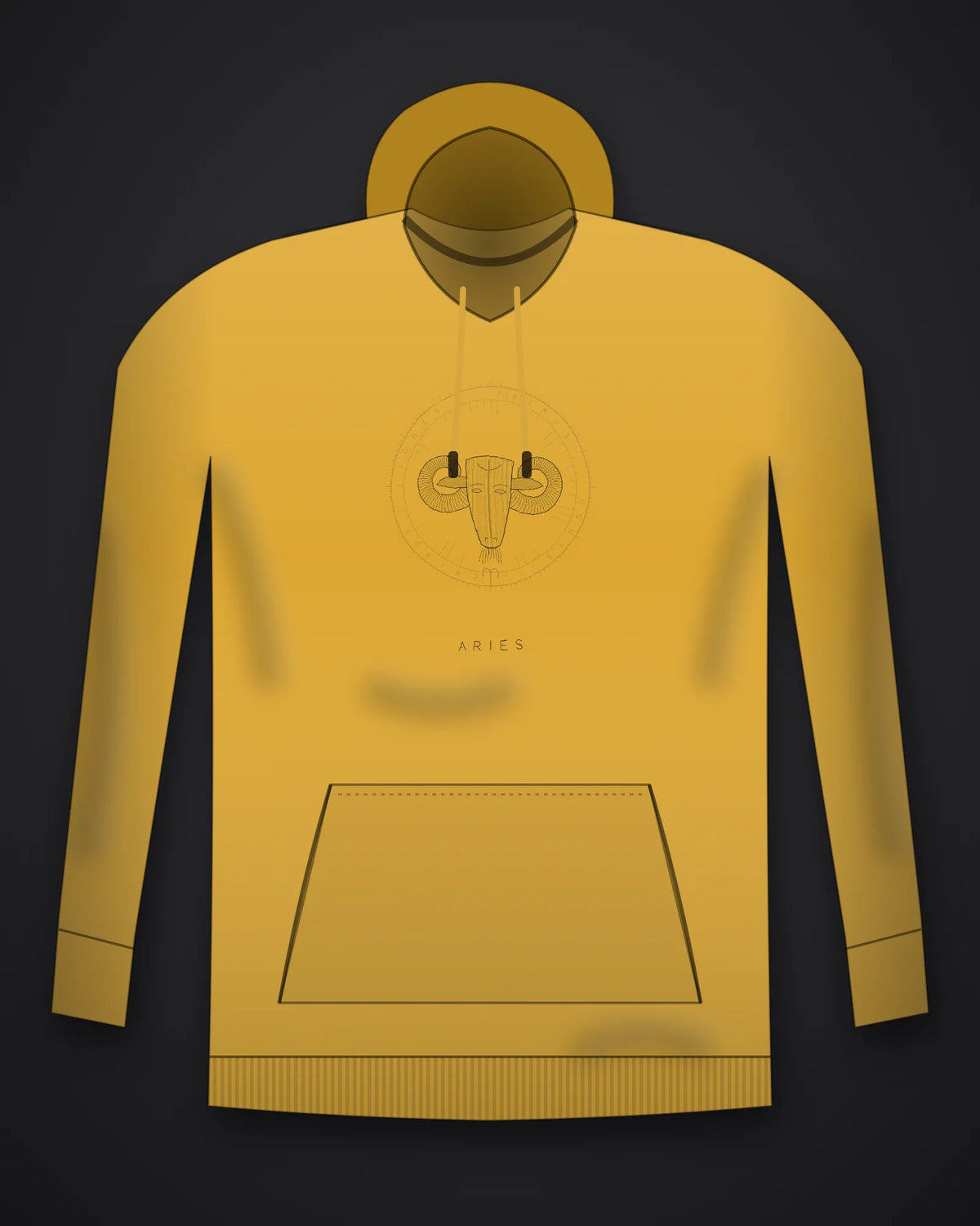 Oztra Aries mustard hoodie, front view showing the Aries print