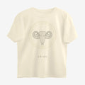 Oztra Aries beige oversized tee, front view showing the Aries print
