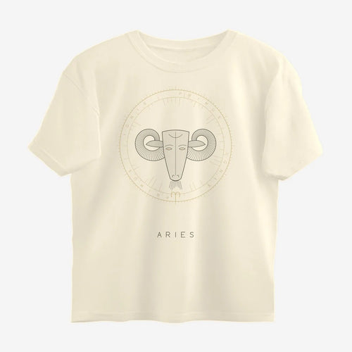 Oztra Aries beige oversized tee, front view showing the Aries print