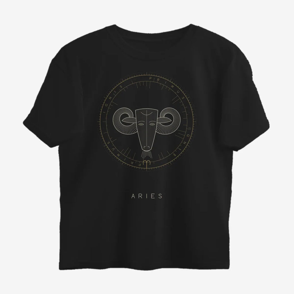 Oztra Aries black oversized tee, front view showing the Aries print