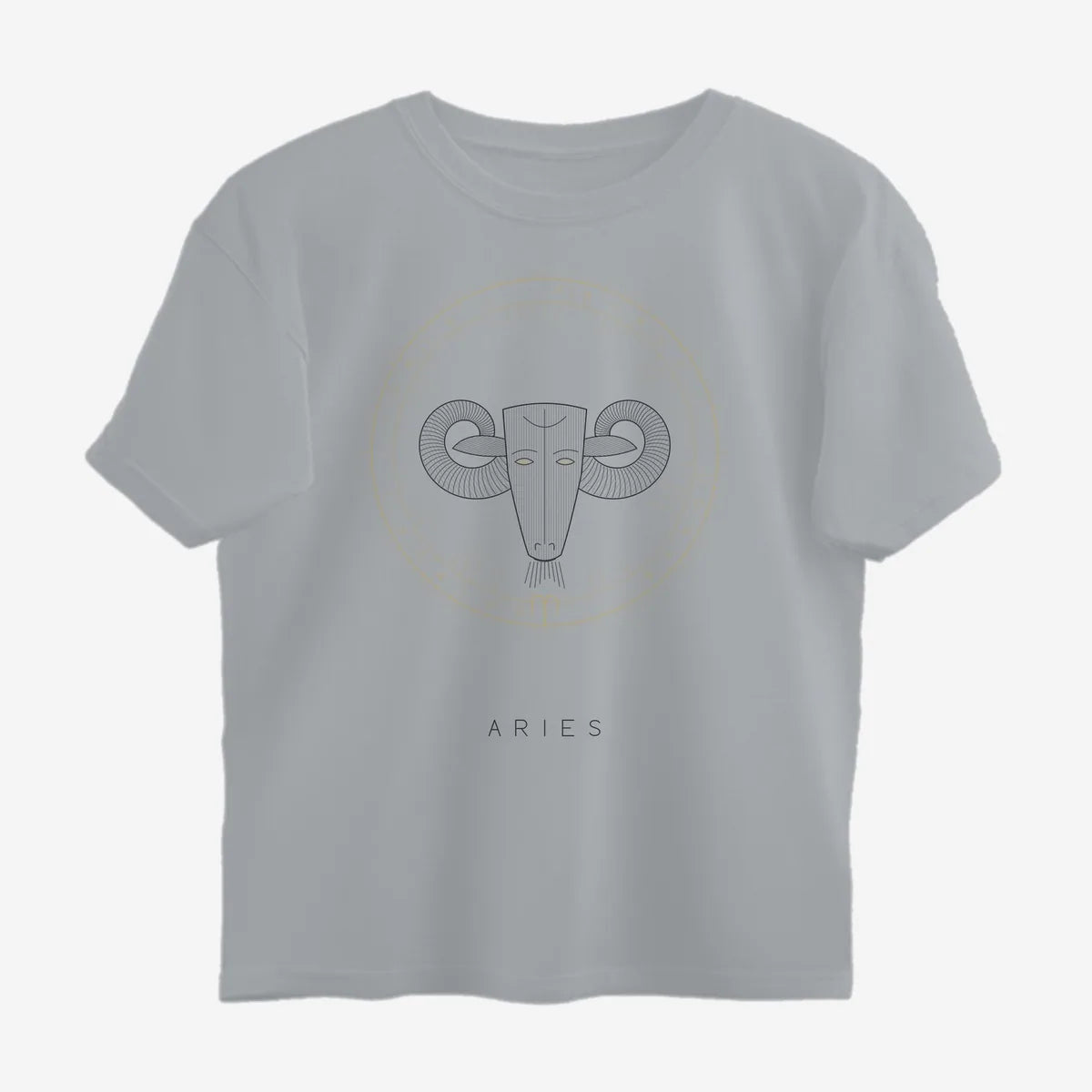 Oztra Aries grey melange oversized tee, front view showing the Aries print