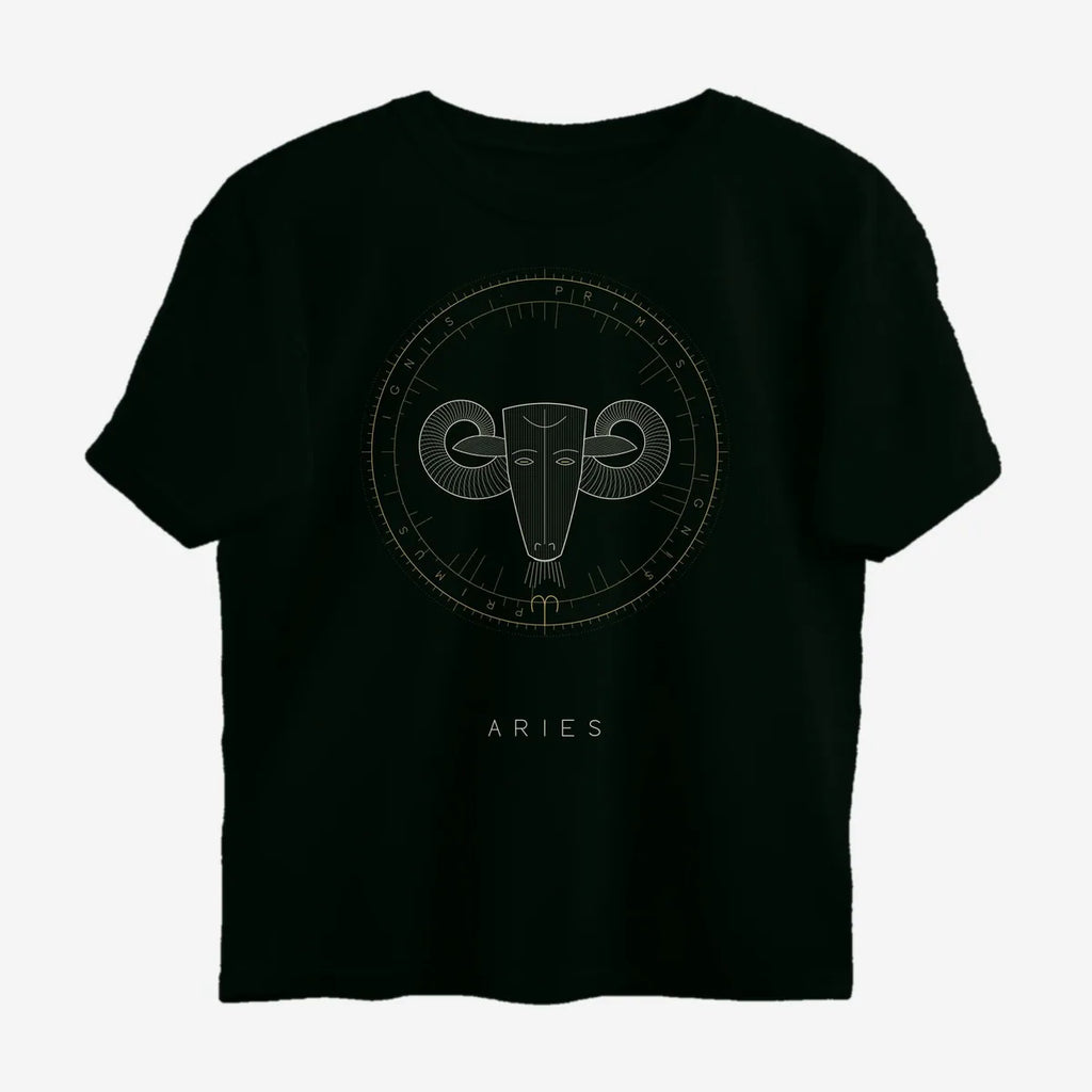 Oztra Aries jet black oversized tee, front view showing the Aries print
