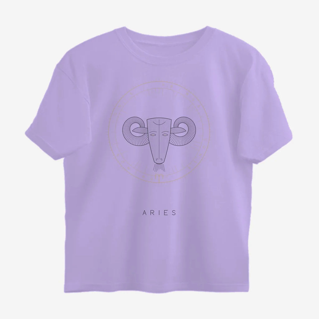 Oztra Aries lavender oversized tee, front view showing the Aries print