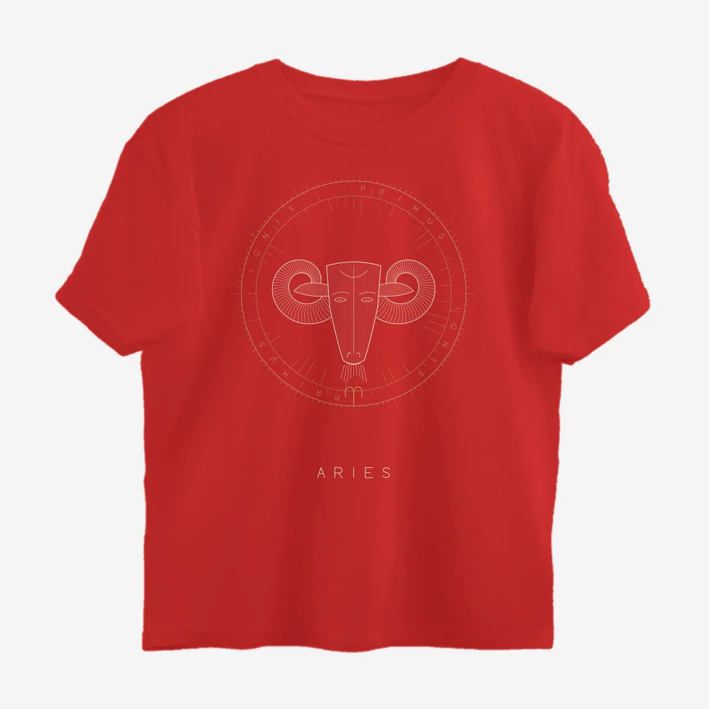 Oztra Aries red oversized tee, front view showing the Aries print