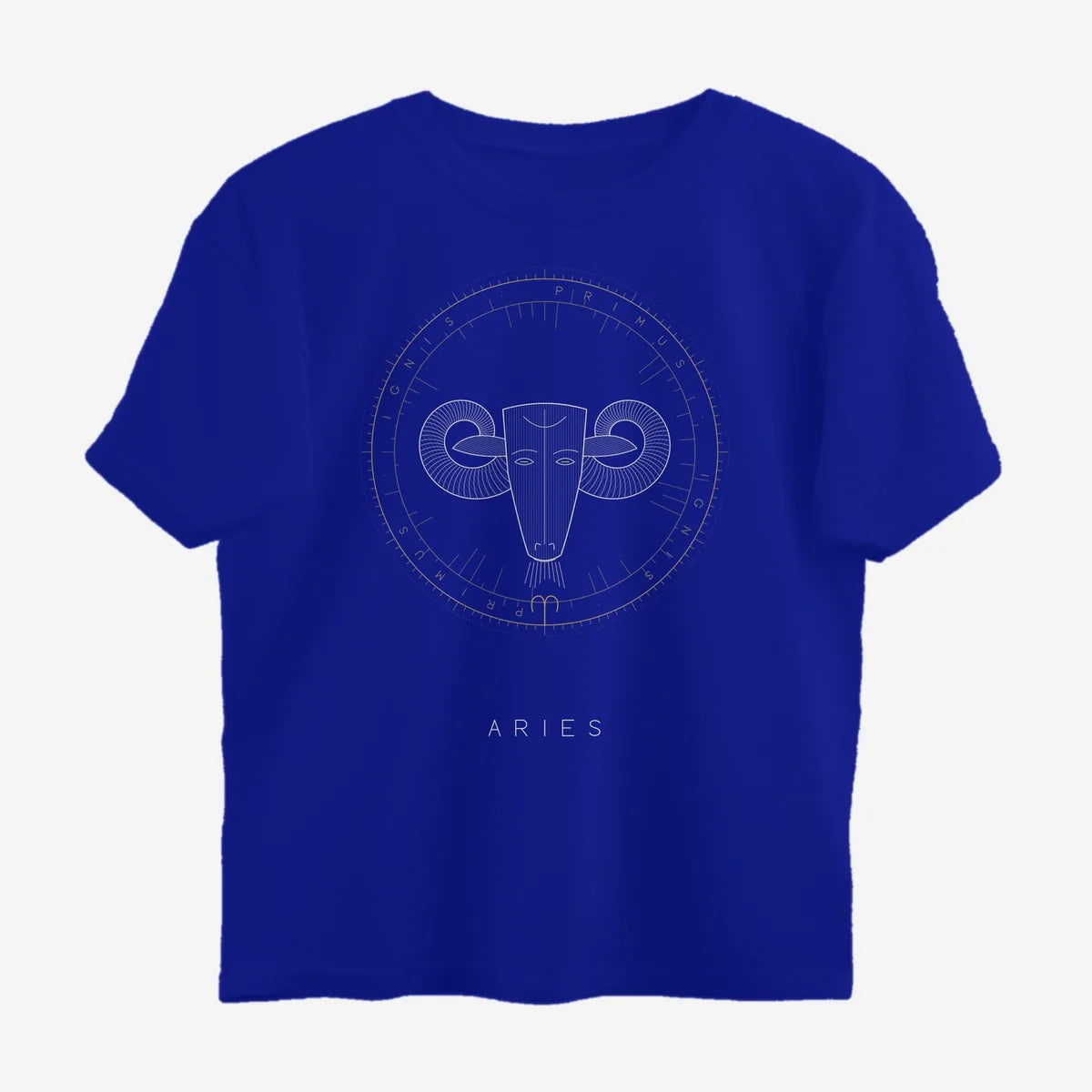 Oztra Aries royal blue oversized tee, front view showing the Aries print