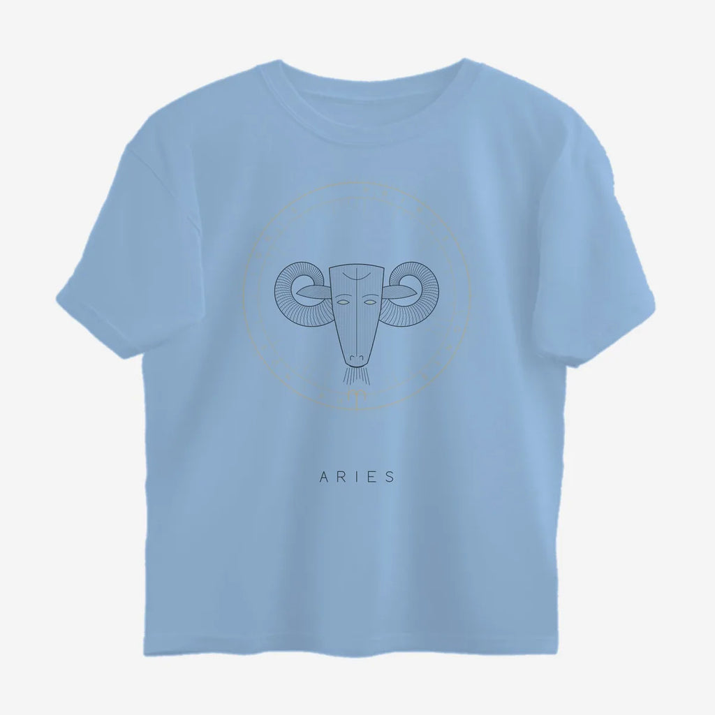 Oztra Aries sky blue oversized tee, front view showing the Aries print