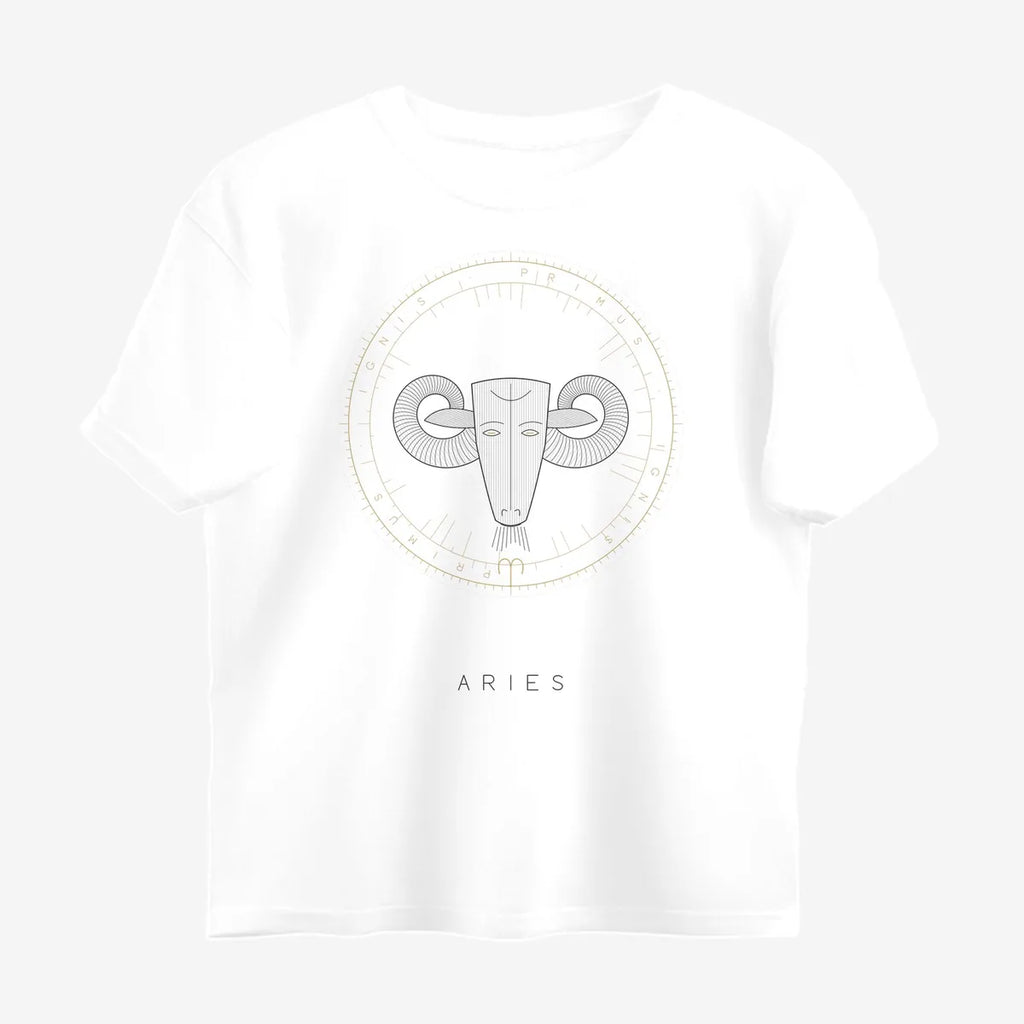 Oztra Aries white oversized tee, front view showing the Aries print