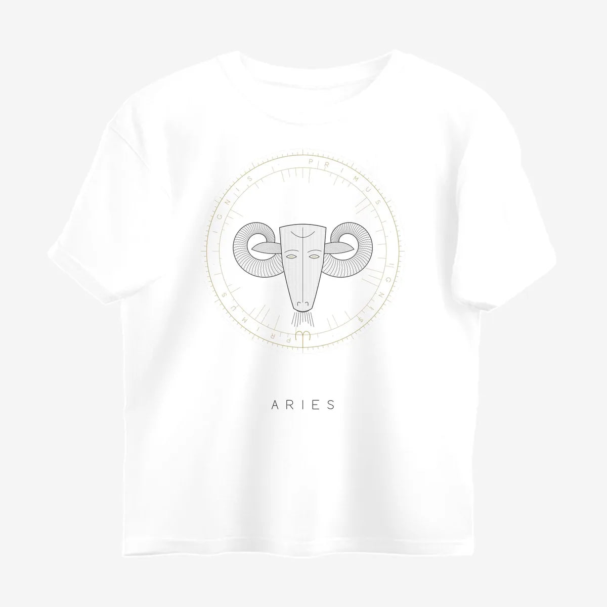Oztra Aries white oversized tee, front view showing the Aries print