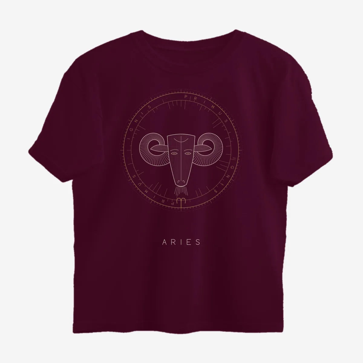 Oztra Aries wine oversized tee, front view showing the Aries print
