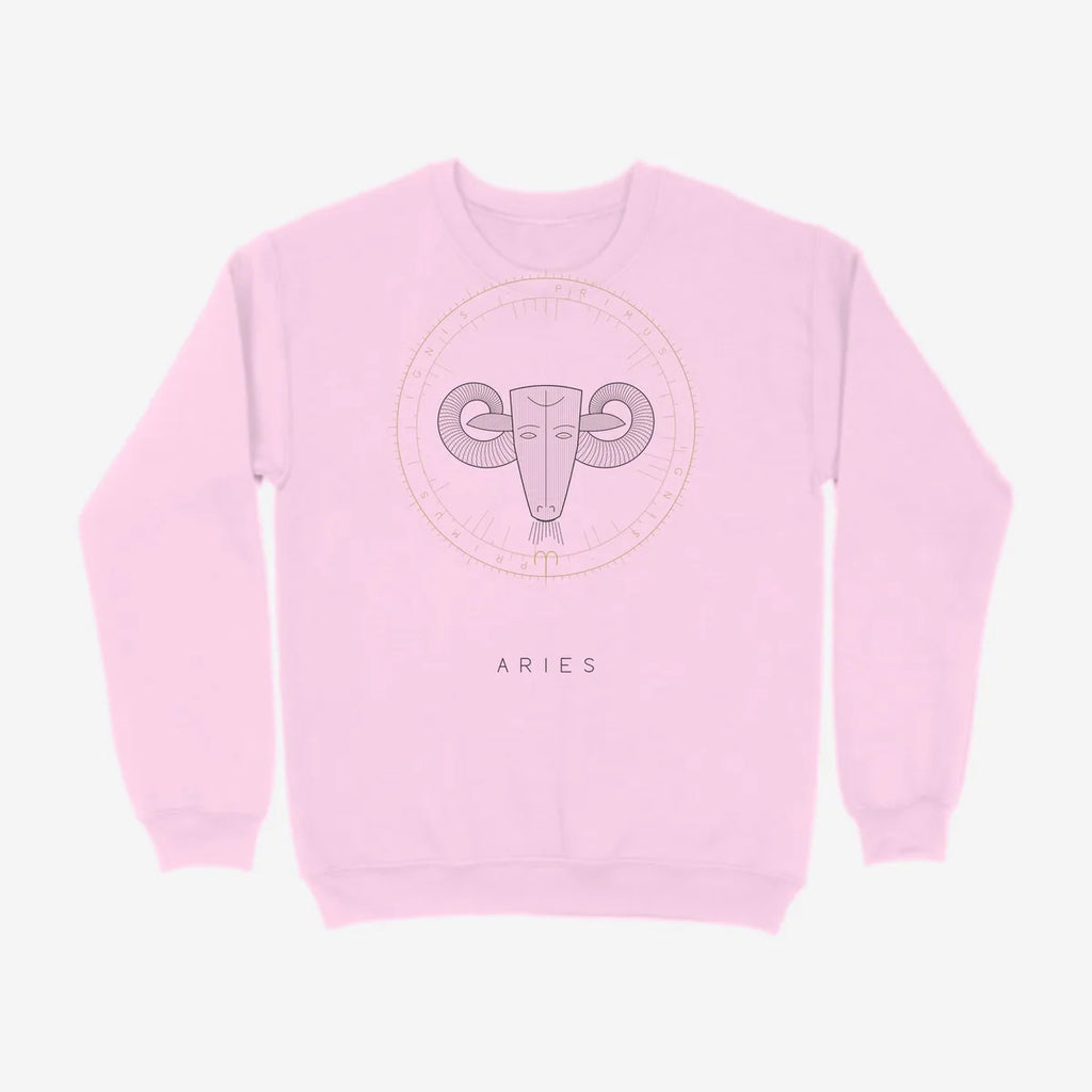 Oztra Aries baby pink sweatshirt, front view showing the Aries print