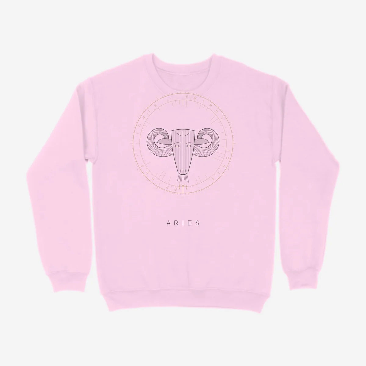Oztra Aries baby pink sweatshirt, front view showing the Aries print