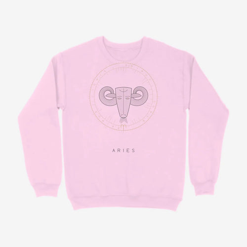 Oztra Aries baby pink sweatshirt, front view showing the Aries print