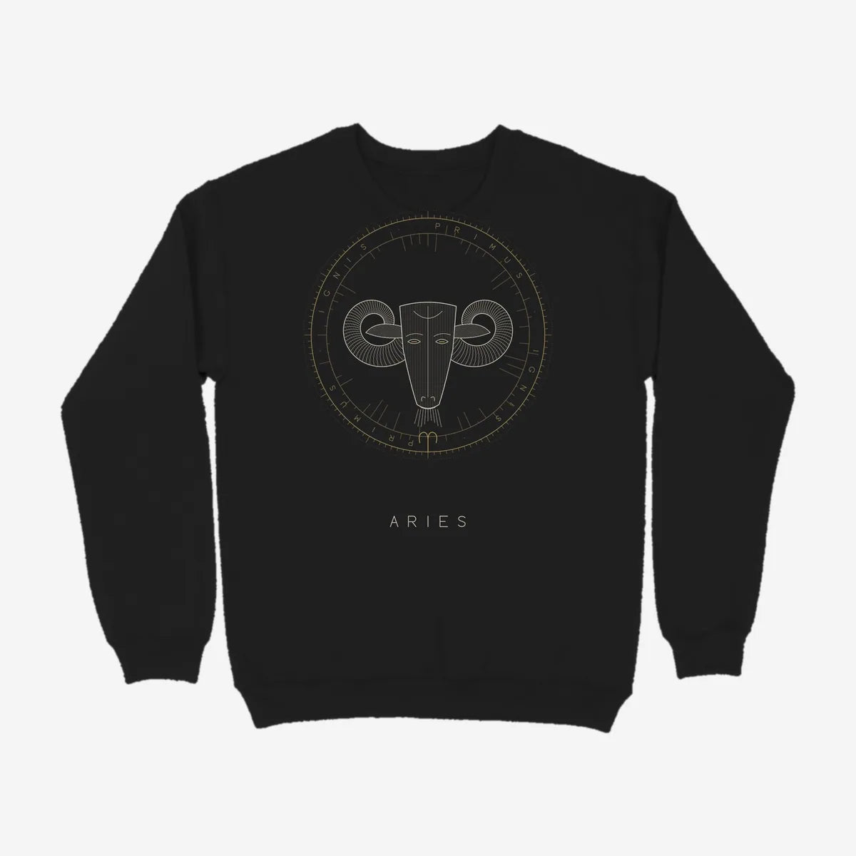 Oztra Aries black sweatshirt, front view showing the Aries print