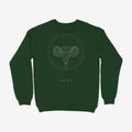 Oztra Aries bottle green sweatshirt, front view showing the Aries print
