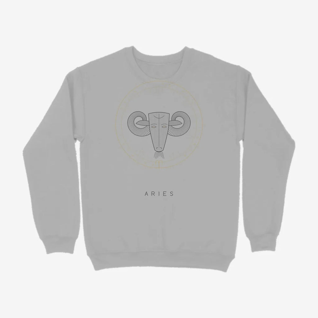 Oztra Aries grey melange sweatshirt, front view showing the Aries print