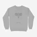 Oztra Aries grey melange sweatshirt, front view showing the Aries print