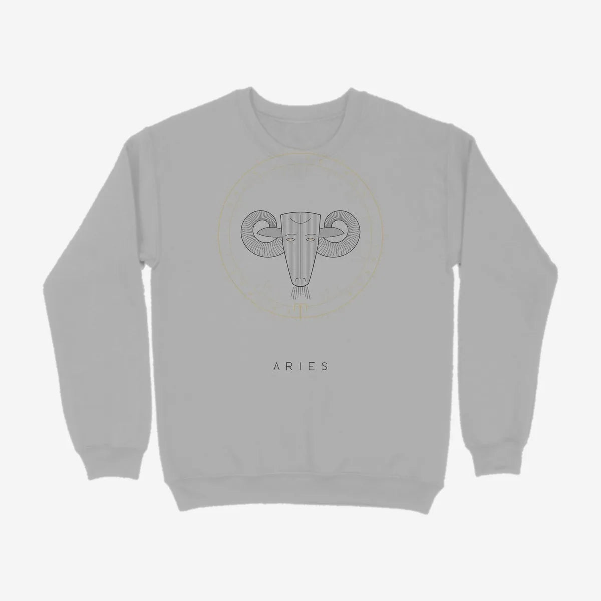 Oztra Aries grey melange sweatshirt, front view showing the Aries print