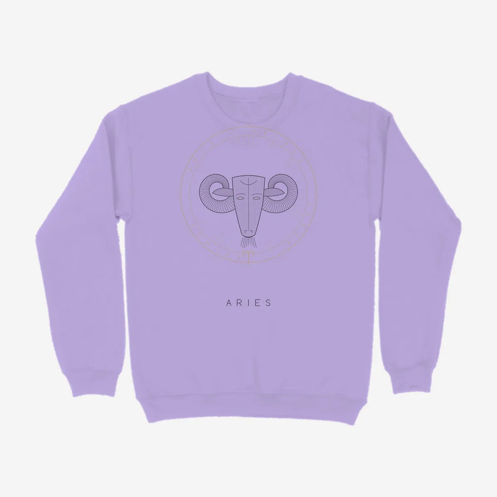 Oztra Aries lavender sweatshirt, front view showing the Aries print