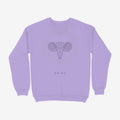 Oztra Aries lavender sweatshirt, front view showing the Aries print