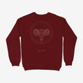 Oztra Aries maroon sweatshirt, front view showing the Aries print