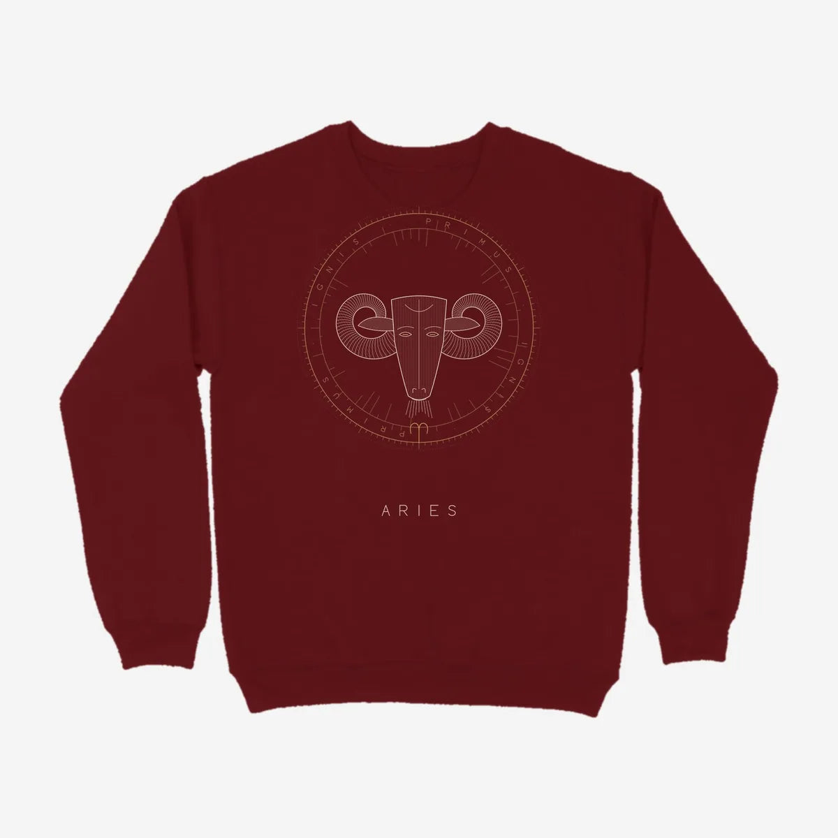 Oztra Aries maroon sweatshirt, front view showing the Aries print