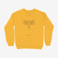 Oztra Aries mustard sweatshirt, front view showing the Aries print