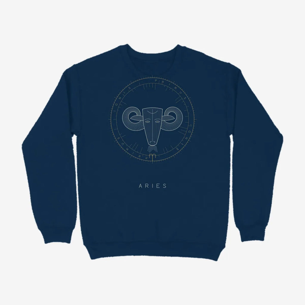 Oztra Aries navy sweatshirt, front view showing the Aries print