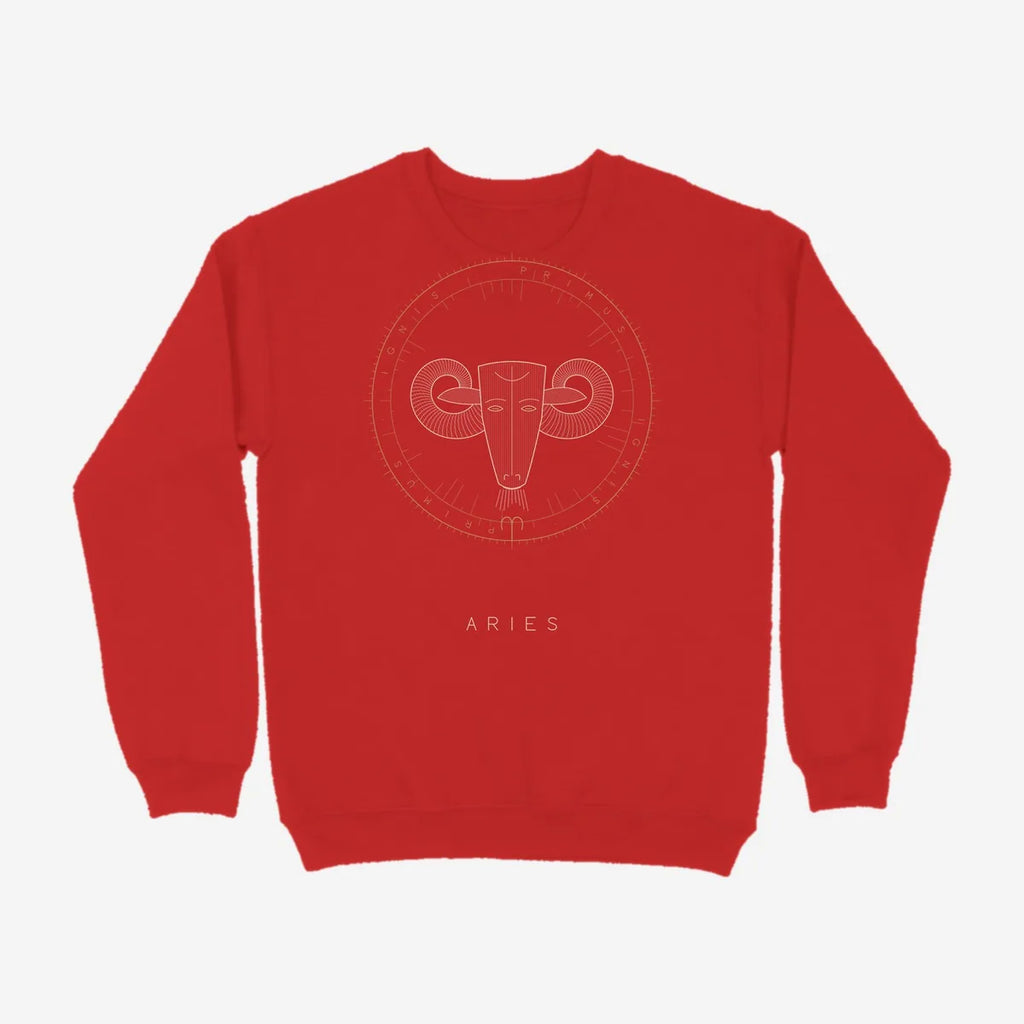 Oztra Aries red sweatshirt, front view showing the Aries print