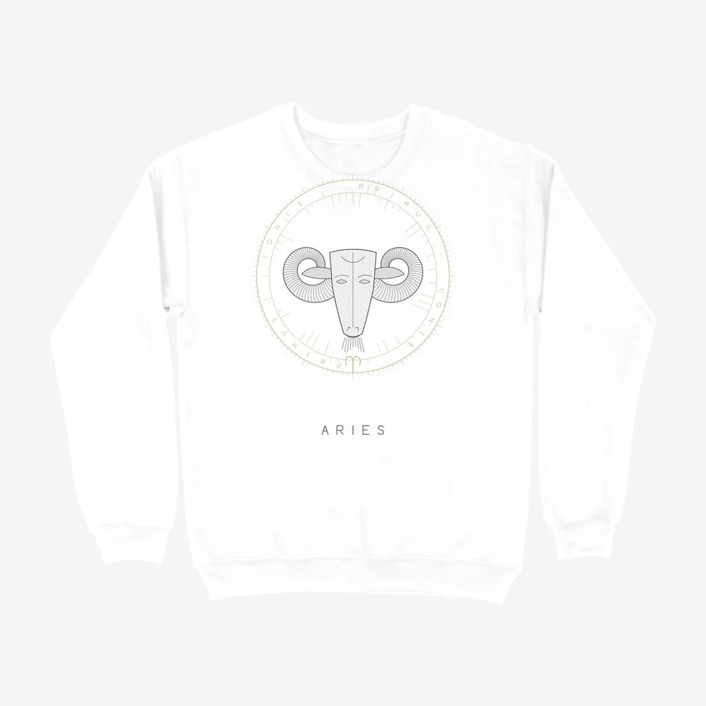 Oztra Aries white sweatshirt, front view showing the Aries print