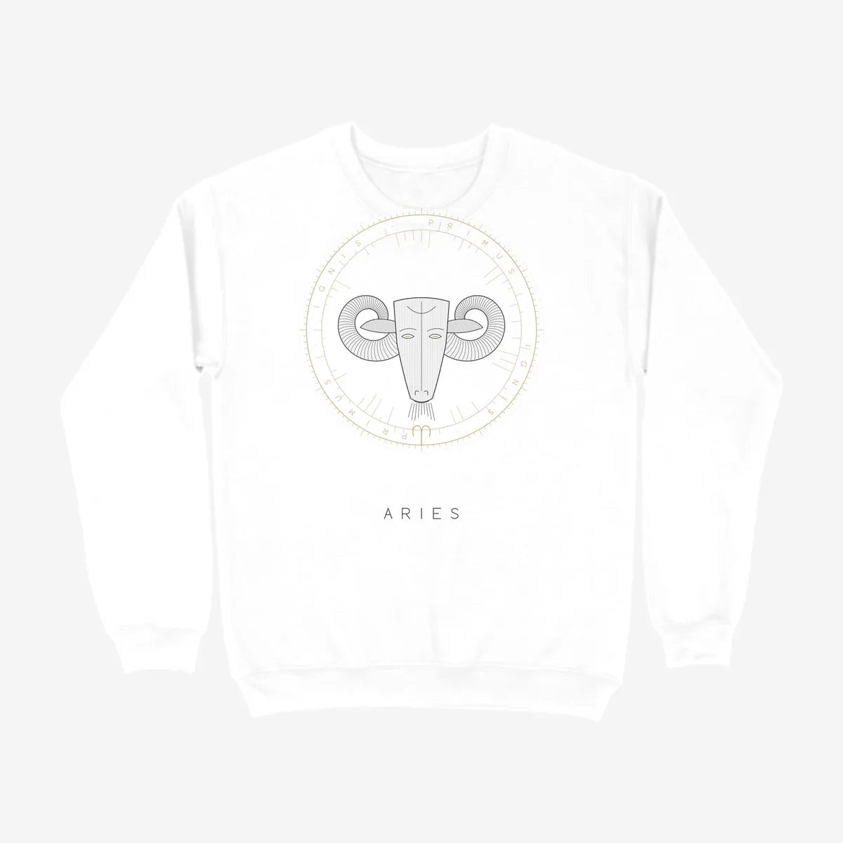 Oztra Aries white sweatshirt, front view showing the Aries print