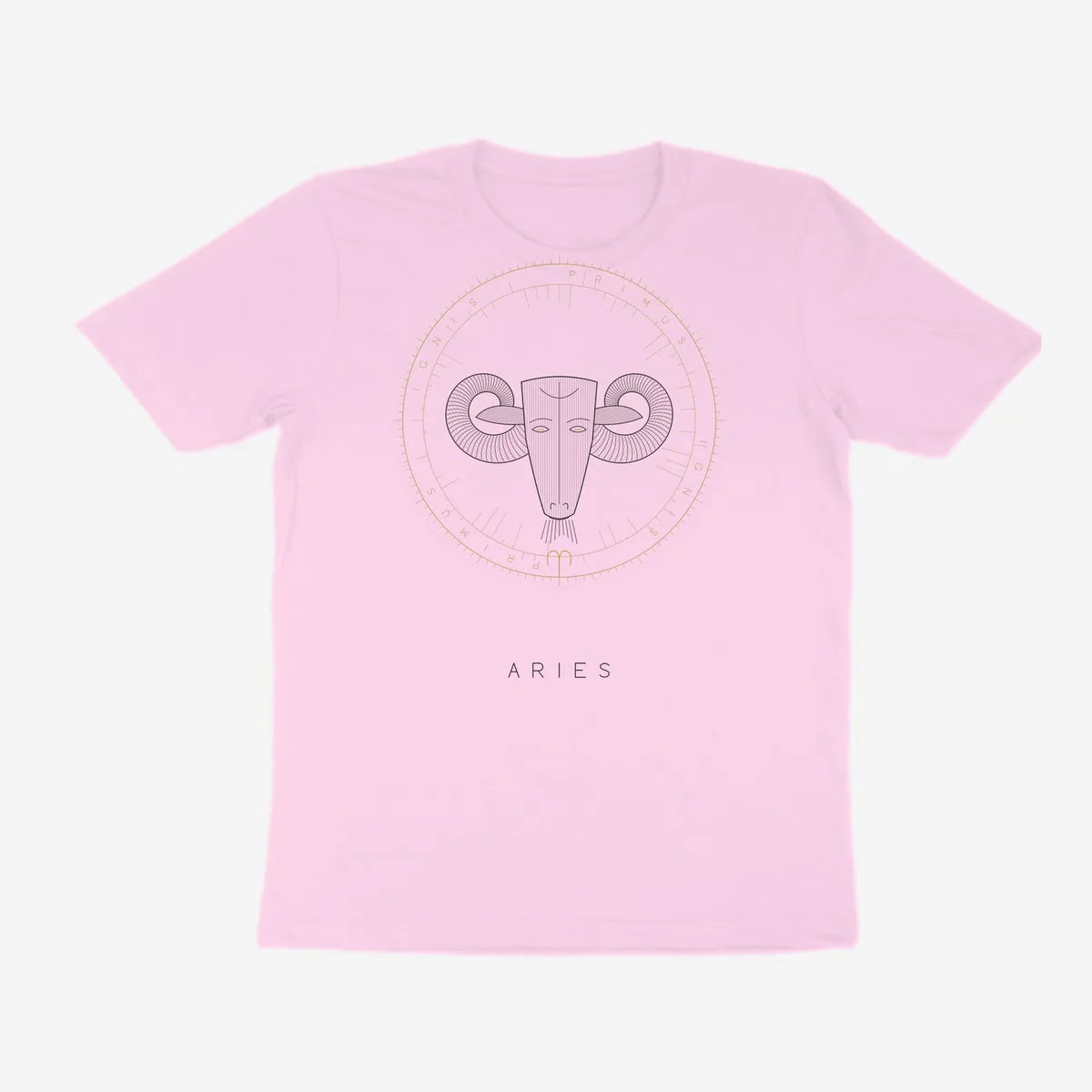 Oztra Aries baby pink tee, front view showing the Aries print