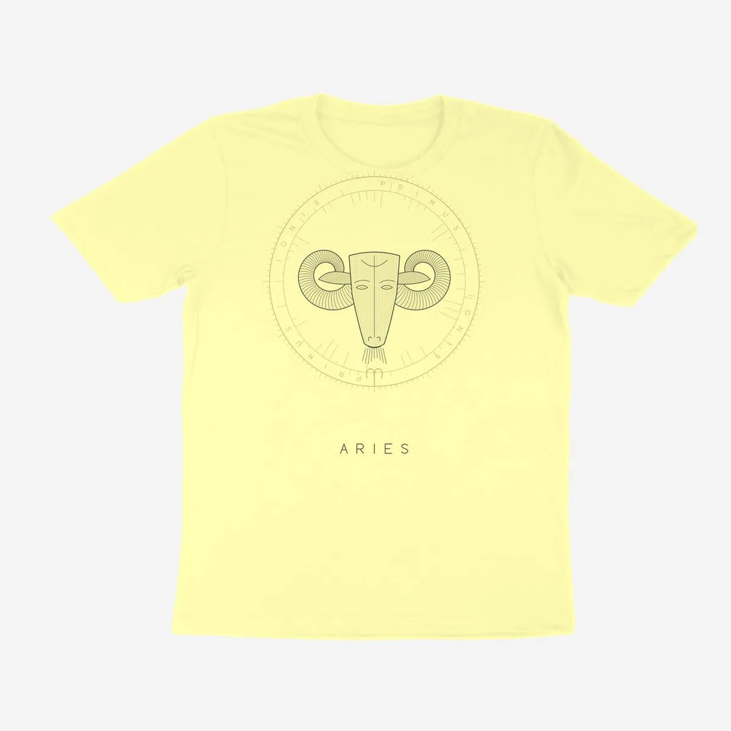 Oztra Aries butter yellow tee, front view showing the Aries print