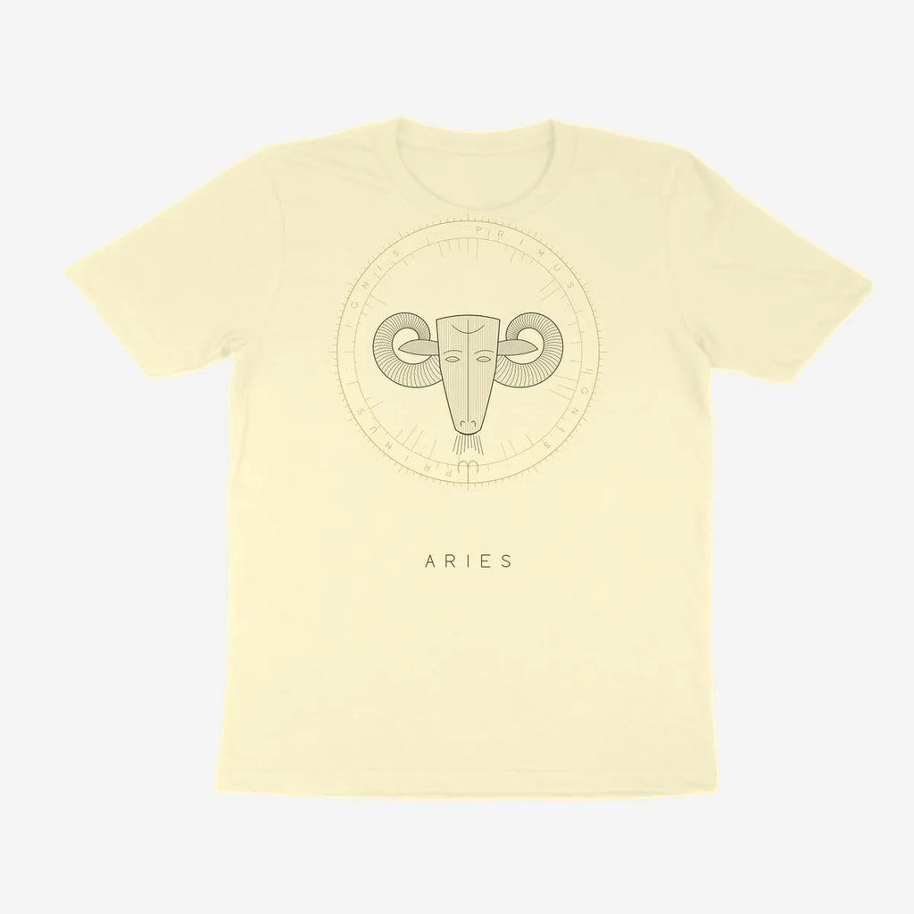 Oztra Aries cream tee, front view showing the Aries print