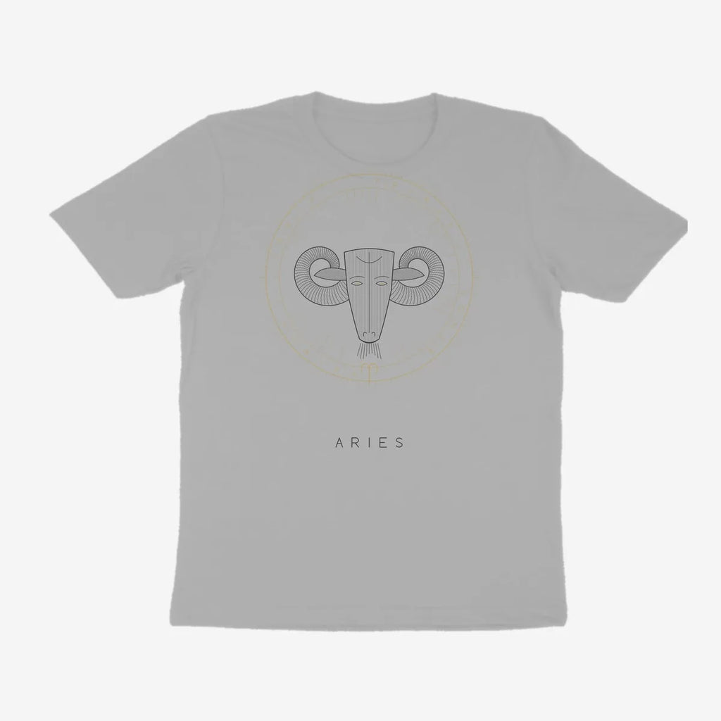 Oztra Aries grey melange tee, front view showing the Aries print