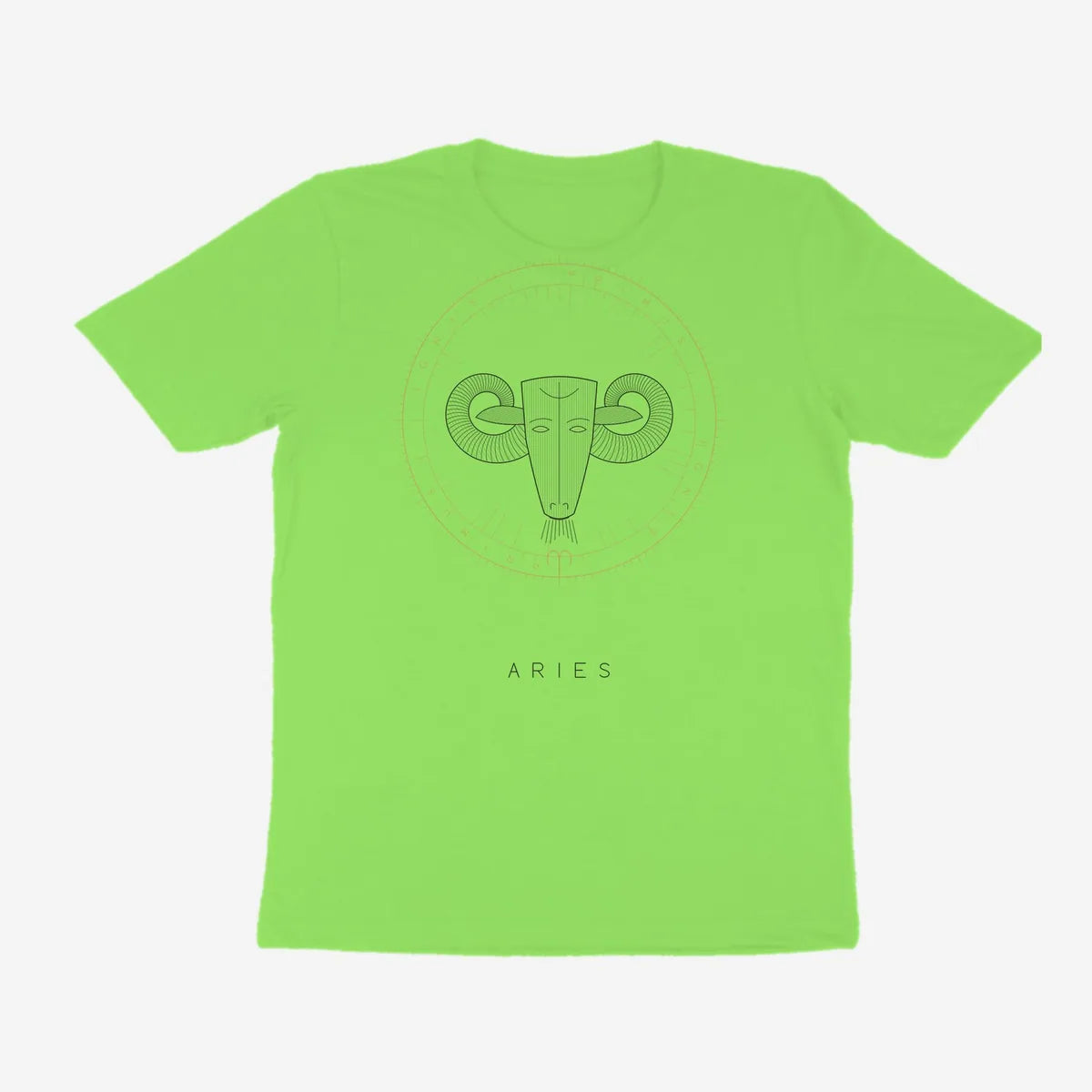 Oztra Aries lime green tee, front view showing the Aries print