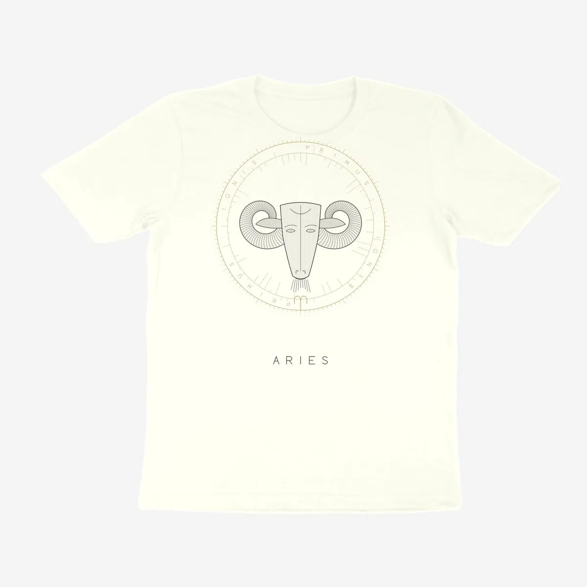 Oztra Aries off white tee, front view showing the Aries print