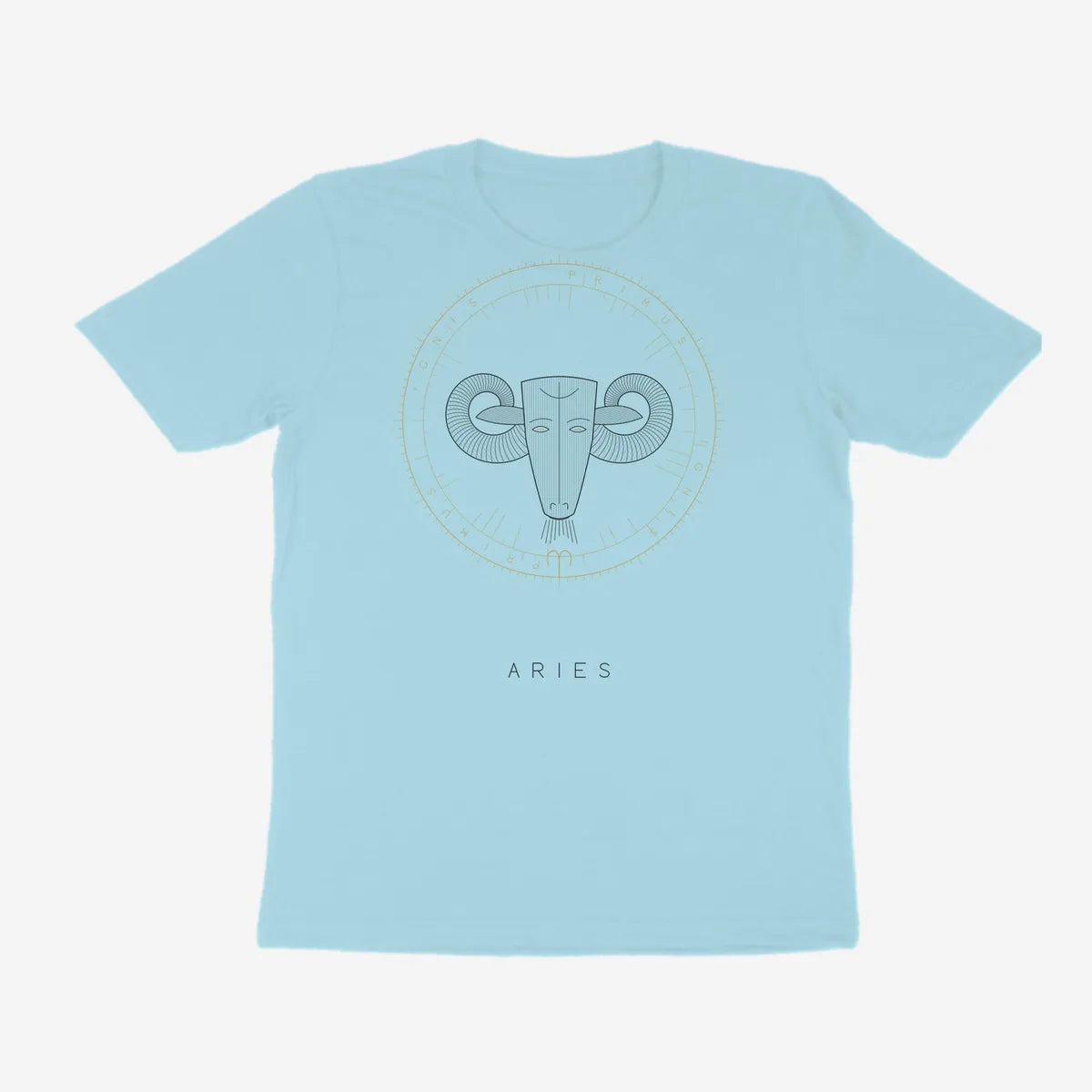 Oztra Aries powder blue tee, front view showing the Aries print