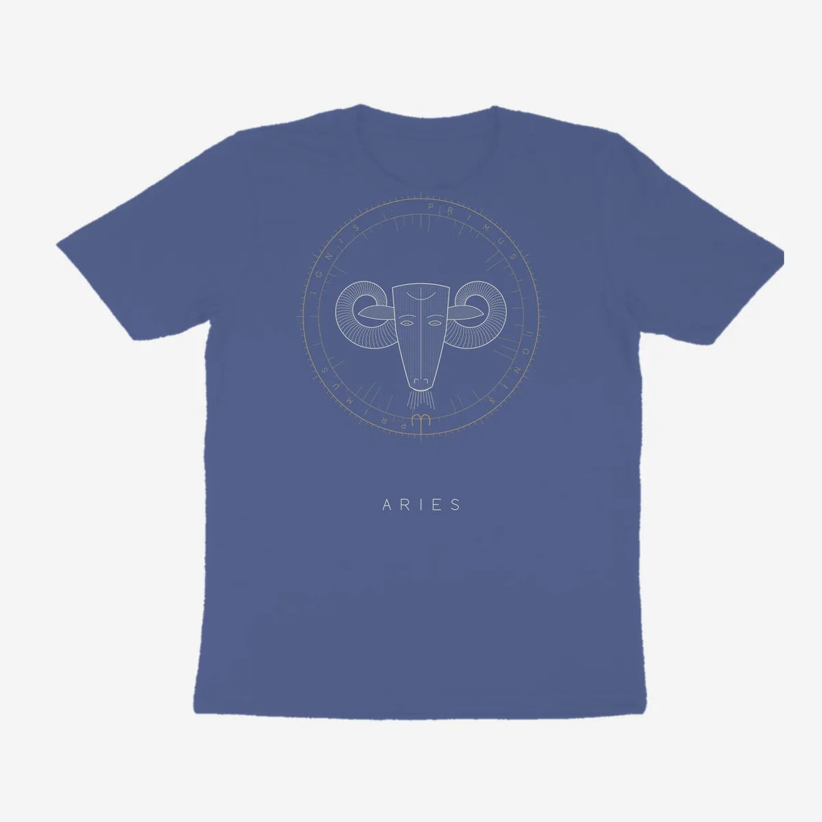 Oztra Aries slate blue tee, front view showing the Aries print