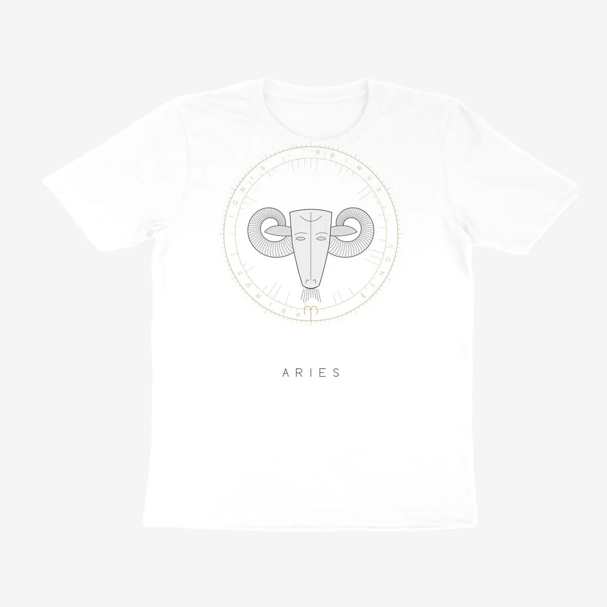 Oztra Aries white tee, front view showing the Aries print